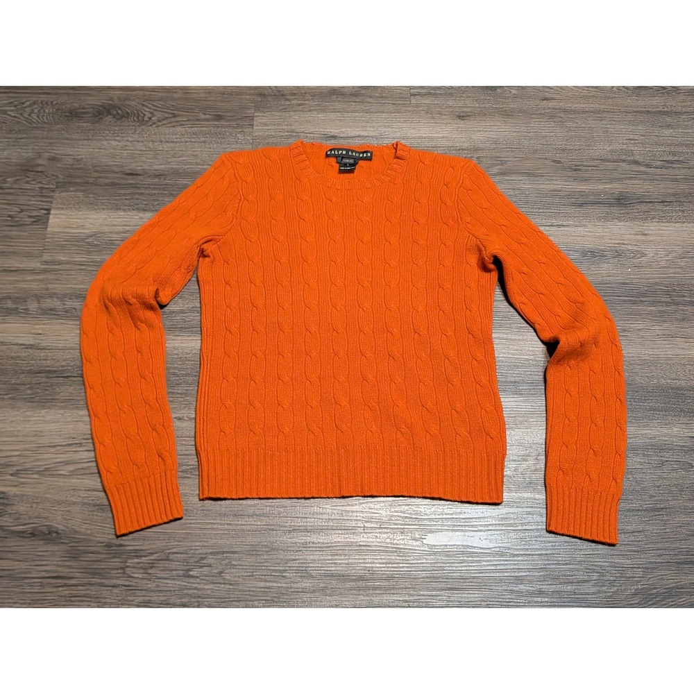 Ralph Lauren 100% Cashmere Cable Knit Crewneck Sweater Womens L Orange Slim Fit